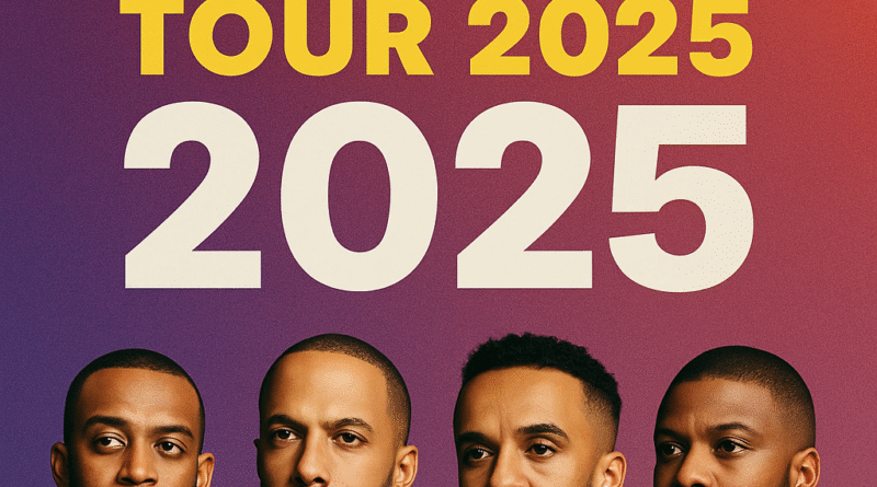 JLS Evolution Tour 2025 poster featuring all four members in black leather jackets against a gradient purple-orange background
