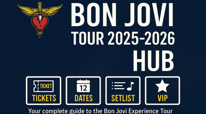 Bon Jovi Tour 2025 Hub Banner featuring tickets, tour dates, setlist and cities